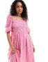 Фото #4 товара ASOS DESIGN puff sleeve shirred midi dress in pink stripe