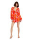 Women's Printed Charmeuse Bishop Sleeve V Neck Mini Dress