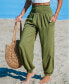 ფოტო #3 პროდუქტის Women's Green Smocked Waist Tapered Leg Casual Pants