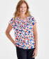 Фото #1 товара Petite Printed Smocked-Neck Flutter-Sleeve Top, Created for Macy's