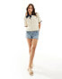 YAS crochet knit short sleeve polo top with contrast navy and cream - MULTI