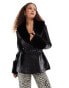 Lioness faux fur collar and cuff short belted leather look jacket in black