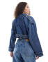 Noisy May cropped denim jacket with belt detail in mid wash blue