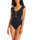 Фото #1 товара Bleu Rod Beattie Hole in One Cap Sleeve Lattice Mio One Piece Swimsuit Black 14