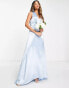 Vila Bridesmaid satin v neck maxi dress with train in pastel blue