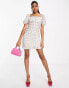 In The Style x Dani Dyer puff sleeve ruched mini dress in white ditsy print