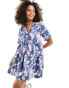 ASOS DESIGN mini shirt dress with revere collar and corset hem in blue abstract print Abstraktes Muster, 38 - фото #1