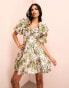 ASOS LUXE floral jacquard puff sleeve skater mini dress in green and gold floral print Grün mit Blumenmuster, 36 - фото #4