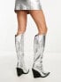 Public Desire Navada western knee boot in textured silver