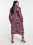 Vila Curve satin midi dress in bright pink animal print