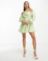 Фото #6 товара ASOS DESIGN Petite washed off shoulder balloon slv mini dress with wrap corset detail in sage green