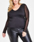 Фото #1 товара Plus Size V-Neck Sheer-Sleeve Mesh Top, Created for Macy's