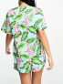 ASOS DESIGN satin parrot collarless shirt & short pyjama set in blue