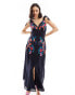 Hope & Ivy tie shoulder embroidered midi dress in navy