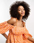 ASOS DESIGN off shoulder cotton maxi dress with ruched bust detail in pink and orange gingham