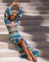 South Beach x Misha Grimes ring front cut out long sleeve zig zag print maxi beach dress in blue