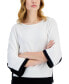 Фото #3 товара Women's 3/4-Dolman-Sleeve Contrast-Trim Crewneck Sweater