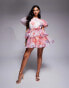 Фото #1 товара ASOS LUXE puff sleeve organza skater mini dress with lace up details in floral print