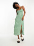 ONLY button down side midi dress in green micro leo print