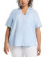 ფოტო #1 პროდუქტის Plus Size Stripe Split Neck Linen Short Sleeve Top