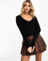 Фото #1 товара Miss Selfridge rib sweetheart neck long sleeve knit top in black