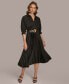 Women's Belted Pleat-Skirt A-Line Dress