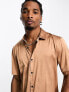 Фото #5 товара ASOS DESIGN skinny satin shirt with roll sleeve in bronze