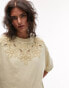 Topshop embroidered neckline oversized tee in neutral