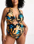 Фото #6 товара River Island Plus trim halterneck swimsuit in black tropical print