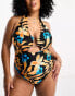 River Island Plus trim halterneck swimsuit in black tropical print