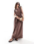 Фото #2 товара ASOS DESIGN high neck twill midi dress with frill shoulder detail in brown