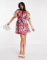 French Connection cotton mini dress with puff sleeve in contrast prints - PINK