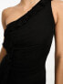 Flounce ruched mesh maxi dress with frill detail in black