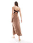 Bardot satin maxi dress with contrast lace insert in bronze