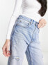 Stradivarius straight cropped jean with rips in medium blue