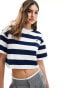 4th & Reckless cropped boxy logo embroidered t-shirt in white and navy stripe Weiß & Marine, XXS - EU 30 - фото #1