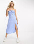 Monki strappy midi dress with split in blue ditsy