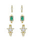 Sterling Silver 14k Gold Plated with Emerald & Cubic Zirconia Halo Star 3-Piece Hoop Earrings Set