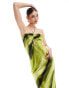 ASOS DESIGN satin halter neck maxi dress with gathered bust and keyhole split in green abstract stripe