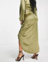 Flounce London Petite satin high waist maxi skirt with leg split in khaki co-ord