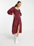 Фото #4 товара Miss Selfridge Petite milkmaid tie front midi dress in red animal