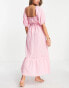 River Island shirred smock midi beach dress in light pink