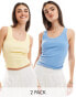 Stradivarius ribbed tank top 2 pack in blue and buttermilk yellow