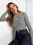 Selected Femme cotton ribbed long sleeve top in black stripe - MULTI