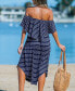 Women's Navy-and-White Stripe Off-Shoulder Flounce Bodice Midi Beach Dress