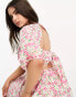 Lola May Petite tie back puff sleeve midi smock dress in pink floral print