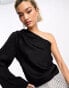 & Other Stories one shoulder top with draped tie neck and fluted sleeve in black