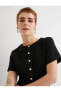 Фото #2 товара Mini Tüvit Pileli Elbise Altın Düğme Detaylı Pileli Kısa Kollu Yuvarlak Yaka