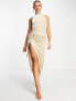 Фото #3 товара Rare London velvet high neck ruched side maxi dress in champagne