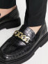 ASRA farley square toe chain loafers in black croc polished leather